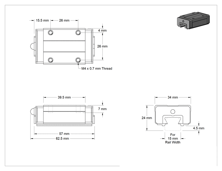 Teknik Çizim - Yatay Montajlı Bilyalı Rulmanlı Taşıyıcı, 15 mm genişliğinde kılavuz ray için