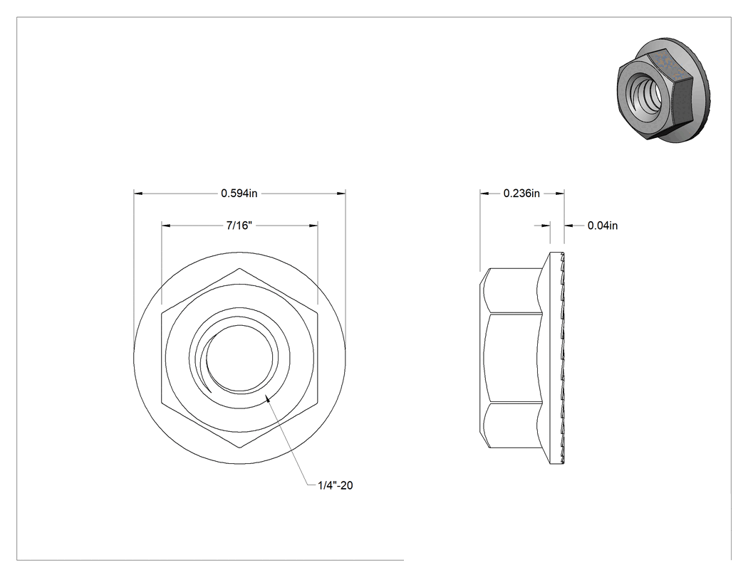 Teknik Çizim - Orta Mukavemetli Çelik Tırtıklı Flanş Somunları, Sınıf 5, Siyah Oksit, 1/4"-20 Diş Boyutu