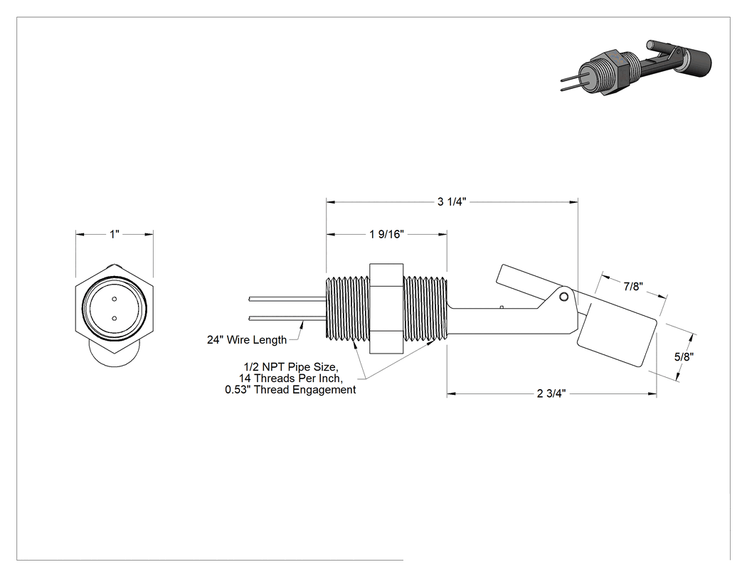 Teknik Çizim - Yatay Montajlı Şamandıralı Anahtar, Yiyecek ve İçecek için, 1/2 NPT x 1/2 NPT Erkek