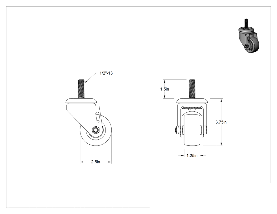 Teknik Çizim - Dişli Saplı Döner Tekerlek, 1/2"-13 Diş, 2-1/2 inç Çaplı Poliüretan Tekerlek
