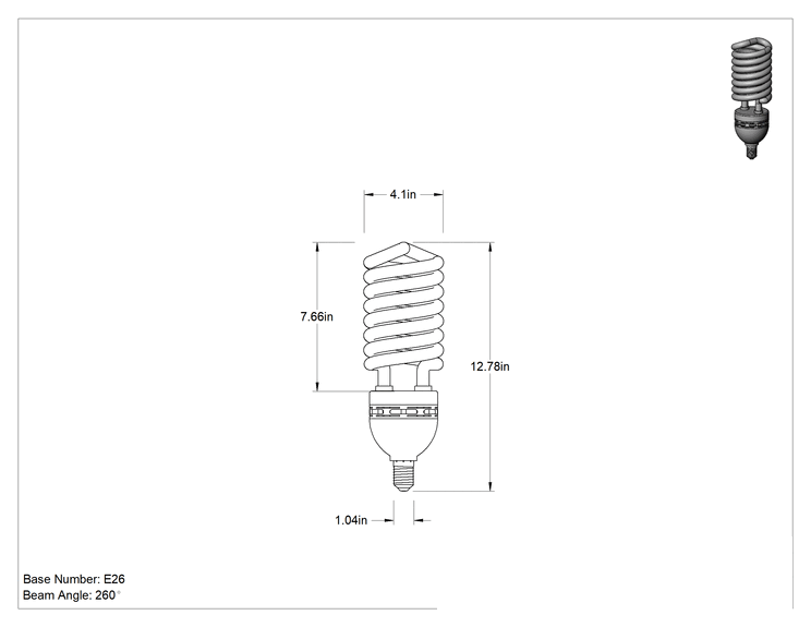 Teknik Çizim - Vidalı Orta Boy Tabanlı Ampul, Spiral, 500 W Eşdeğer Akkor, 6500K, 6400 lümen