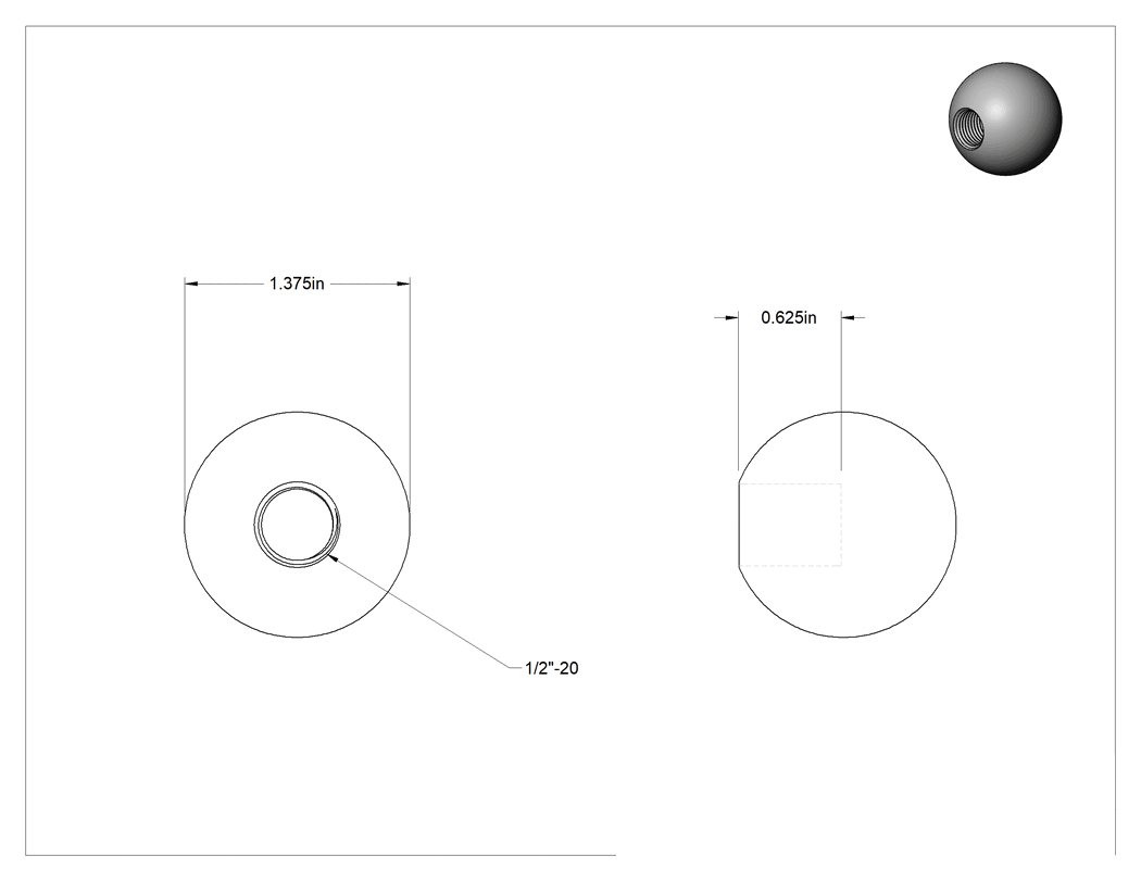 Teknik Çizim - Çelik Top Düğme, 1/2"-20 Dişli Delikli, 5/8" Derinlik