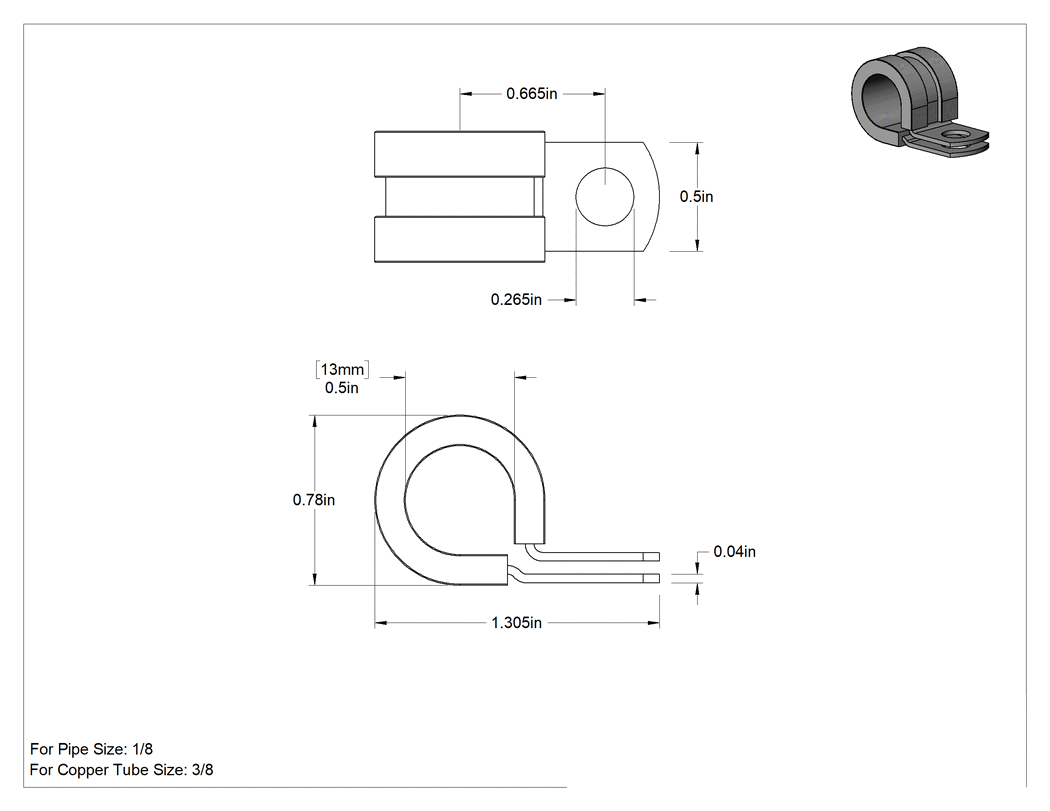 Teknik Çizim - Titreşim Sönümleyici Halka Kelepçe, Galvanizli Çelik, EPDM Yastık, 1/2" İç Çap, 1-5/16" Uzunluk