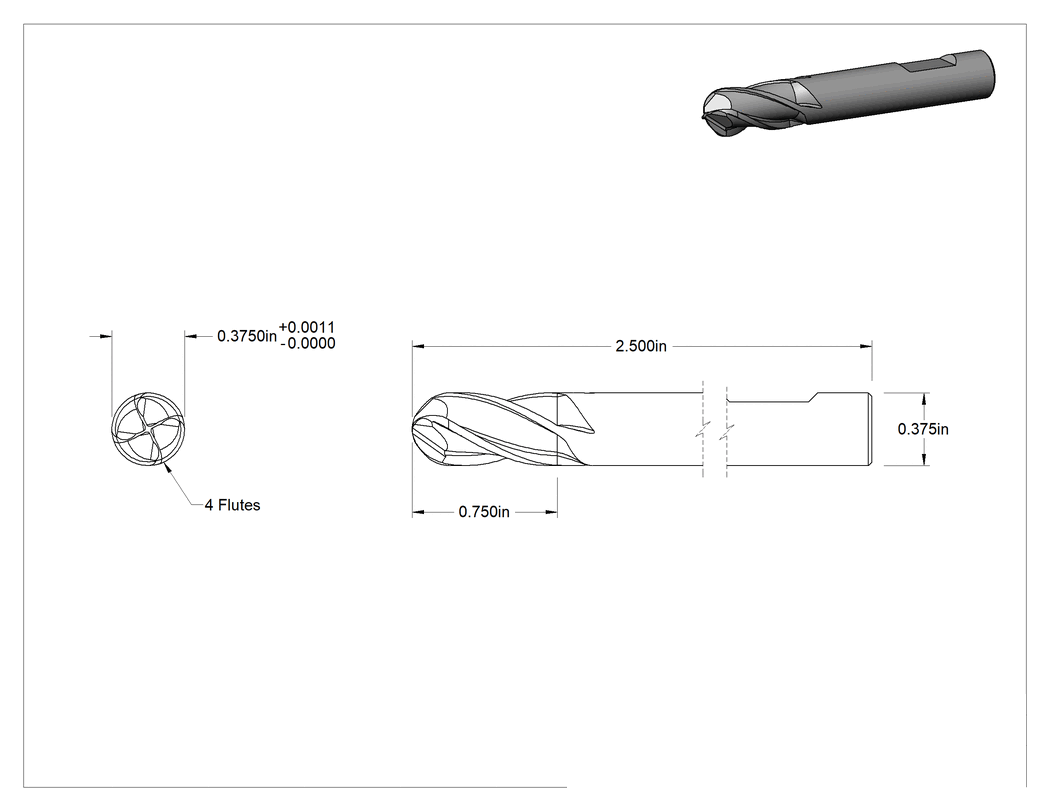 Teknik Çizim - Kobalt Çelik Küresel Uçlu Freze, 4 Yivli, 3/8" Freze Çapı, 3/4" Kesim Uzunluğu