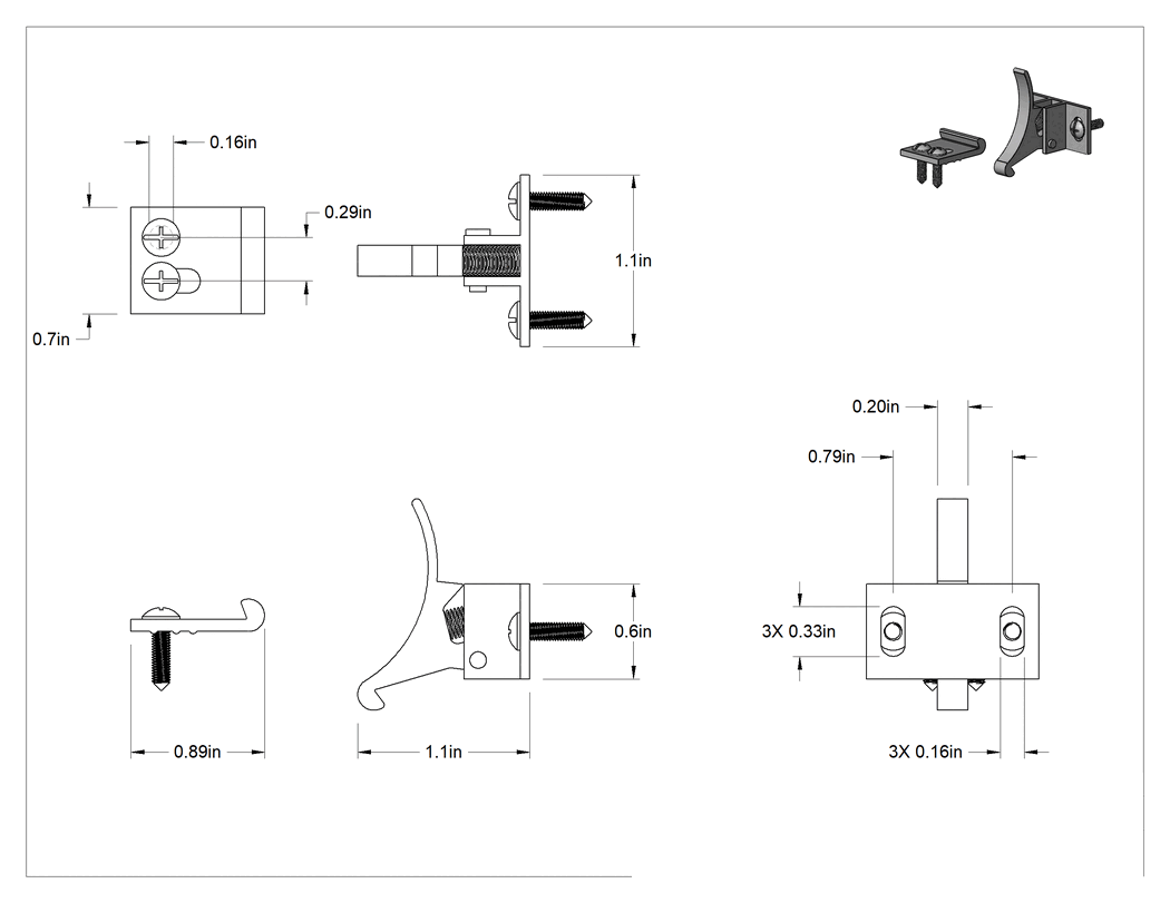 Teknik Çizim - Tepkiye Dayanıklı, Kulplu Bas-Kapat Mandalı, Parlatılmış Pirinç, 1-1/8" Genişlik