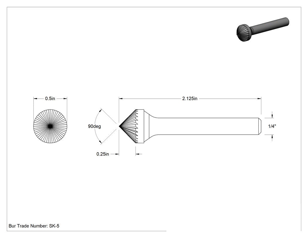 Teknik Çizim - 1/4" Çaplı Şaftlı Karbür Freze Ucu, Koni, Anma Numarası Sk-5, Tek Kesimli Diş