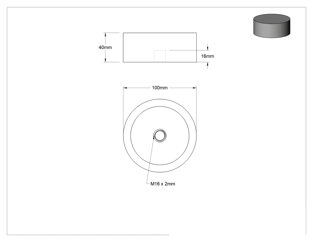 Teknik Çizim - Yük Kapasiteli Güçlendirilmiş Dişli Tampon, Doğal Kauçuk, Çelik Taban, M16 x 2mm Delik, 2110 lb. Maksimum