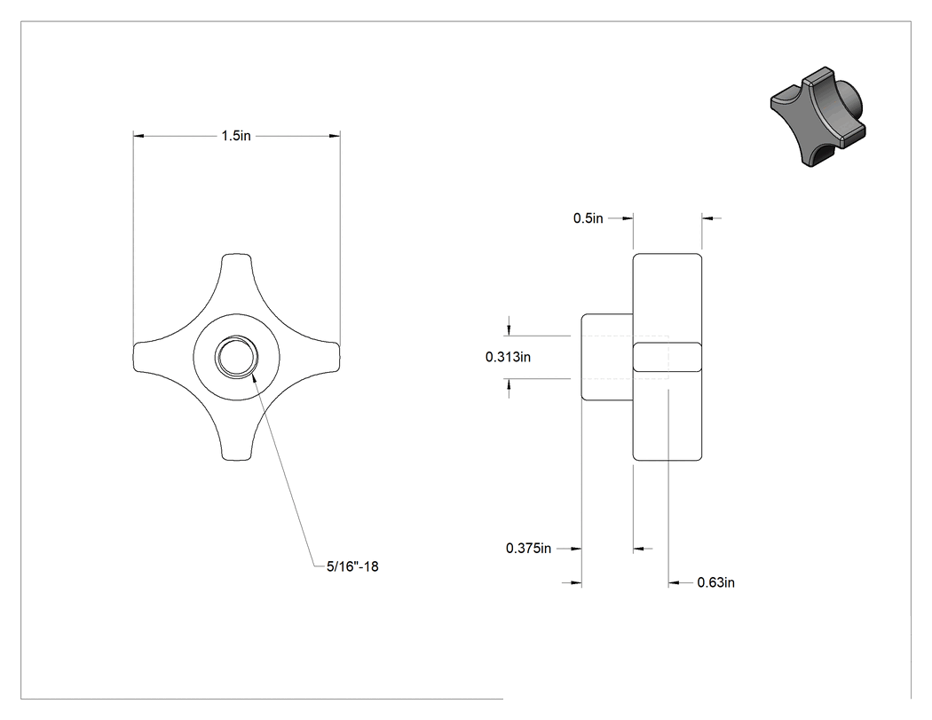Teknik Çizim - Alüminyum dört kollu topuz, 5/16"-18 Dişli 5/8" Derinlikte Delik