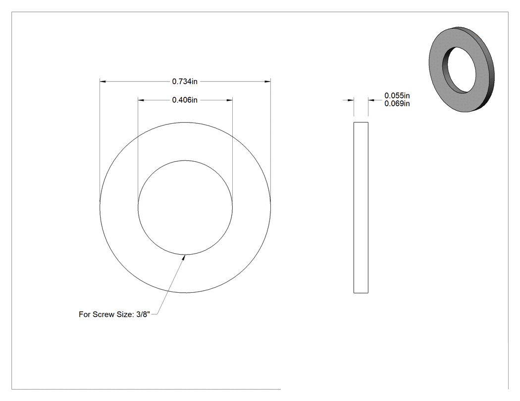 Teknik Çizim - Yün Keçe Yastıklama Pul, 3/8" Vida Boyutu için, 0.406" İç Çap, 0.734" Dış Çap