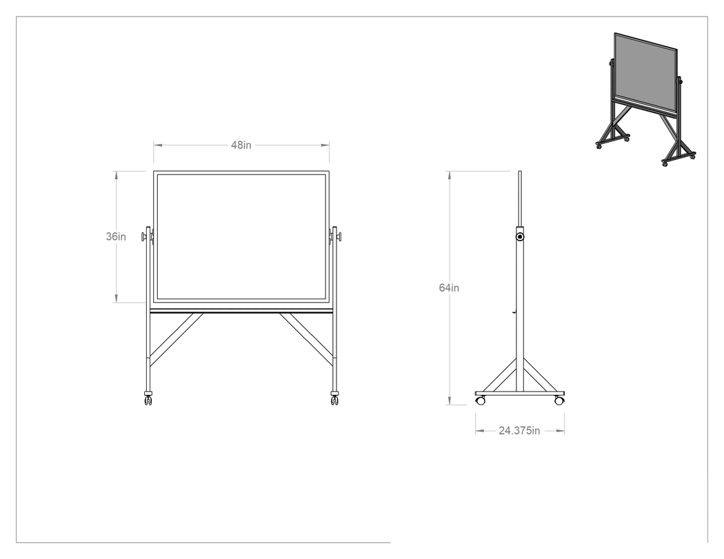 Teknik Çizim - Mobil Beyaz Tahta/Duyuru Panosu, 48" Genişlik x 36" Yükseklik, 64" Toplam Yükseklik