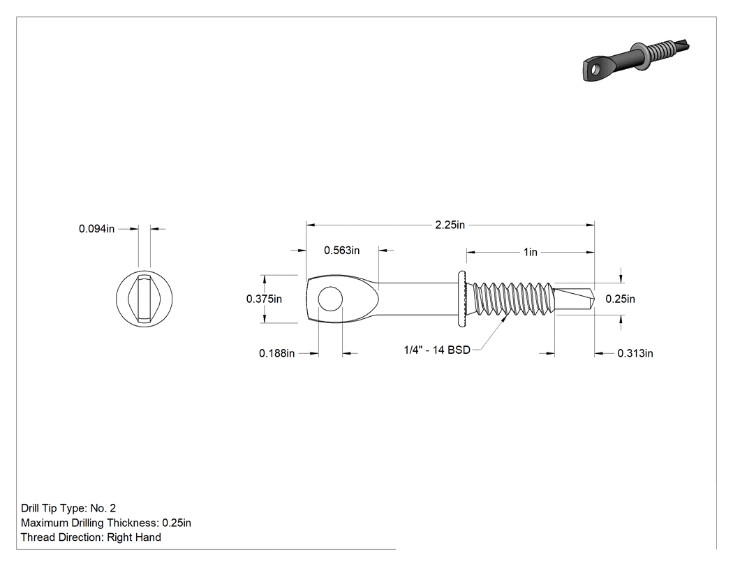 Teknik Çizim - Delik Açma Vidalı Askılar, Paslanma ve Aşınmaya Dayanıklı Kaplamalı, 3/8" Baş Genişliği, 1/4" Boyut, 2-1/4" Uzunluk
