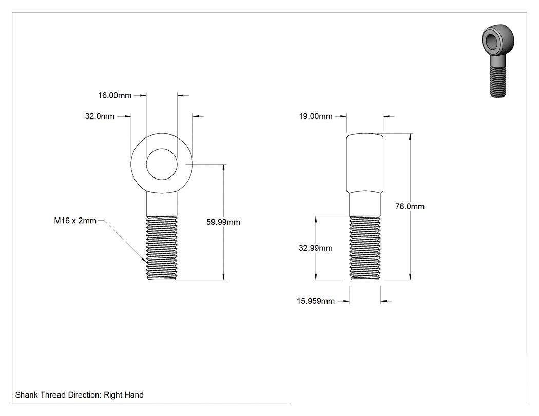 Teknik Çizim - Tam Gijon Ucu Cıvatası, Sağ Yönlü M16 x 2 mm Şaft, 60 mm Şaft Merkez Uzunluğu