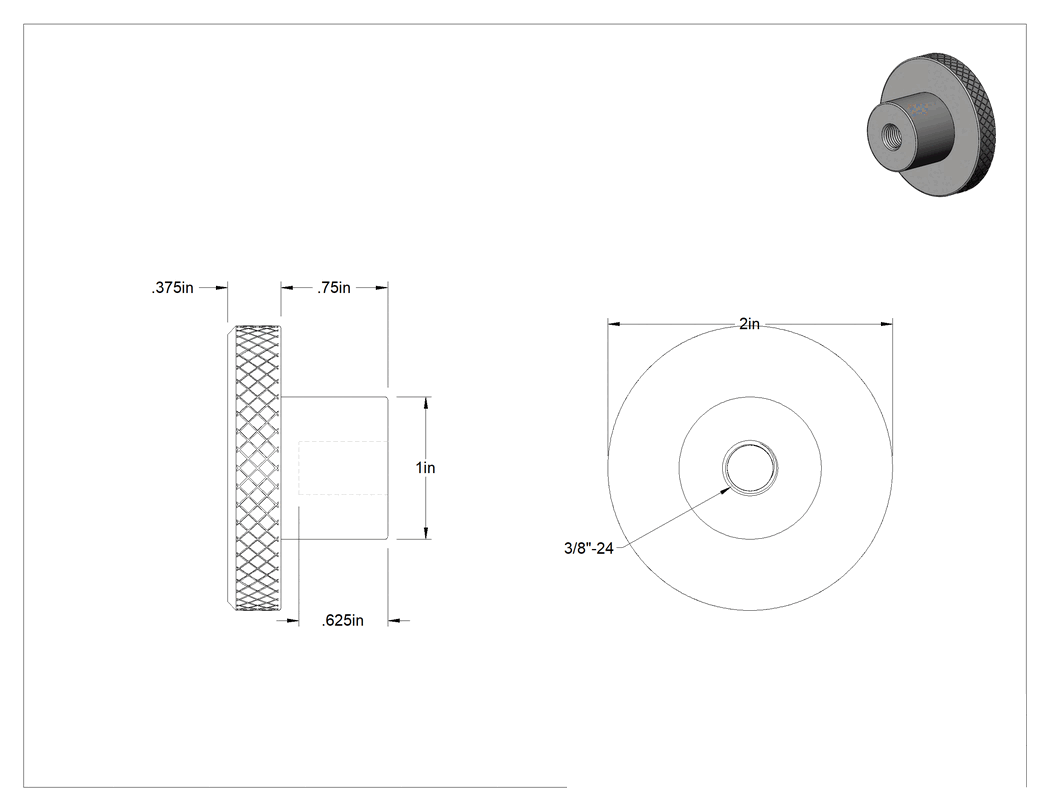Teknik Çizim - 3/8"-24 Dişli Delikli Pirinç Yuvarlak Topuz
