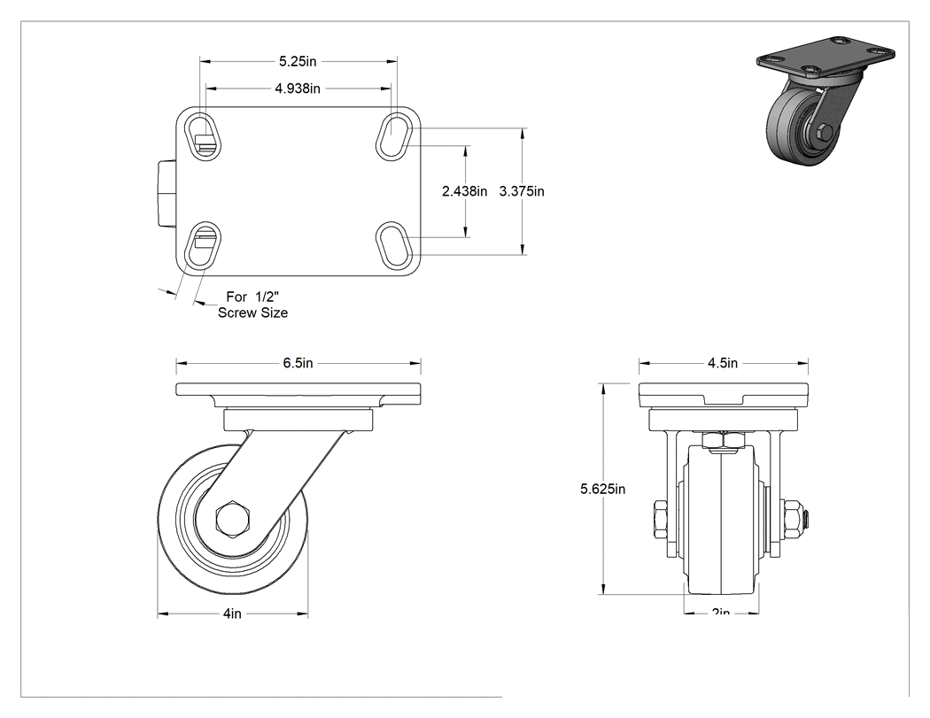 Teknik Çizim - Kingston Tekerlek, 4" Çapında Kauçuk Tekerlekli Döner Tekerlek