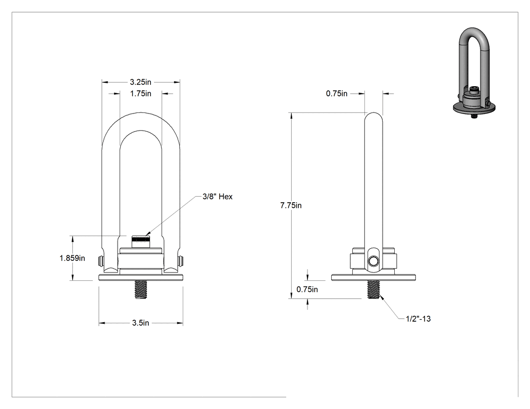 Teknik Çizim - Kaldırma için Siyah Oksit Çelik Kaldırma Halkası, Dövme, 1/2"-13 Diş Boyutu, 7-3/4" Toplam Yükseklik