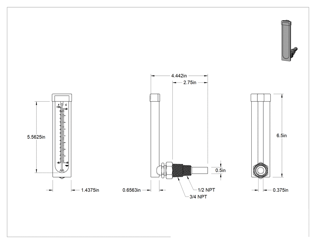Teknik Çizim - Termovell'li Ağır Hizmet Tipi Hızlı Tepkili Dişli Termometreler, Termovell, Arka Bağlantı, Fahrenheit ve Santigrat, Maksimum 110°F