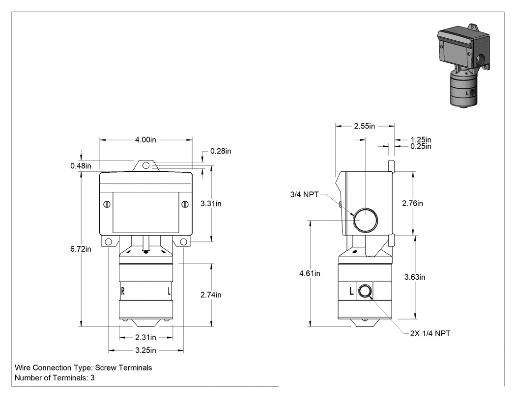 Teknik Çizim - Sıvılar için Diferansiyel Basınç Şalteri, NEMA 4x, NEMA 13 ve IP66 Sınıfı, 15 ila 100 PSI Ayar Noktası