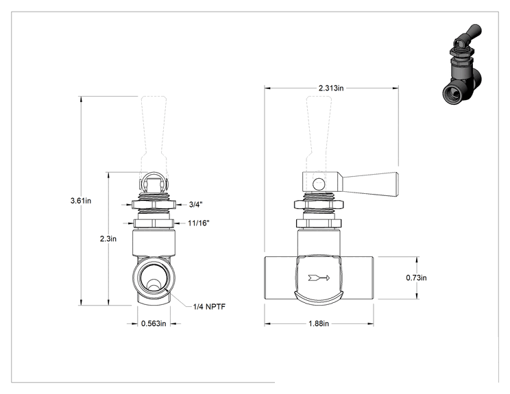 Teknik Çizim - Hızlı Çalışan Panel Montajlı Pirinç Açma/Kapama Vanası, Düz, 1/4 NPTF Dişi