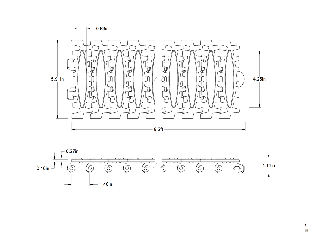 Teknik Çizim - Modüler Mini Zincirli Konveyör için Pürüzlü Yüzeyli 6" Genişlik x 7.5 Fit Uzunlukta Kayış
