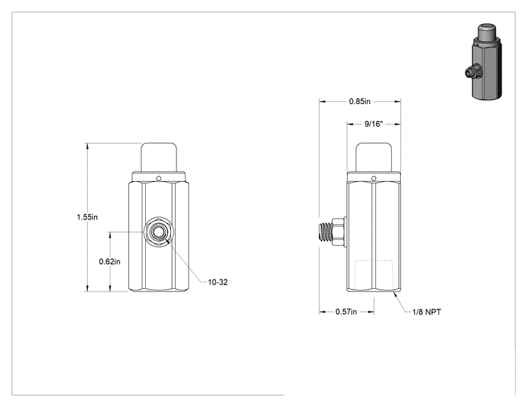 Teknik Çizim - Pirinç Gövdeli Hızlı Çalışan Kompakt Açma/Kapama Valfi, Nikel Kaplı, Düğme, 1/8 NPT Dişi x 10-32 UNF Erkek