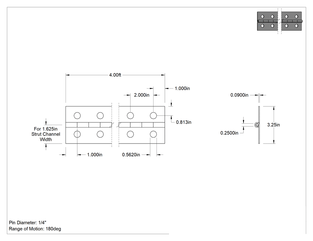Teknik Çizim - Strut Kanalı Piyano Menteşesi, 0.09 inç Kalınlık x 4 fit Uzunluk