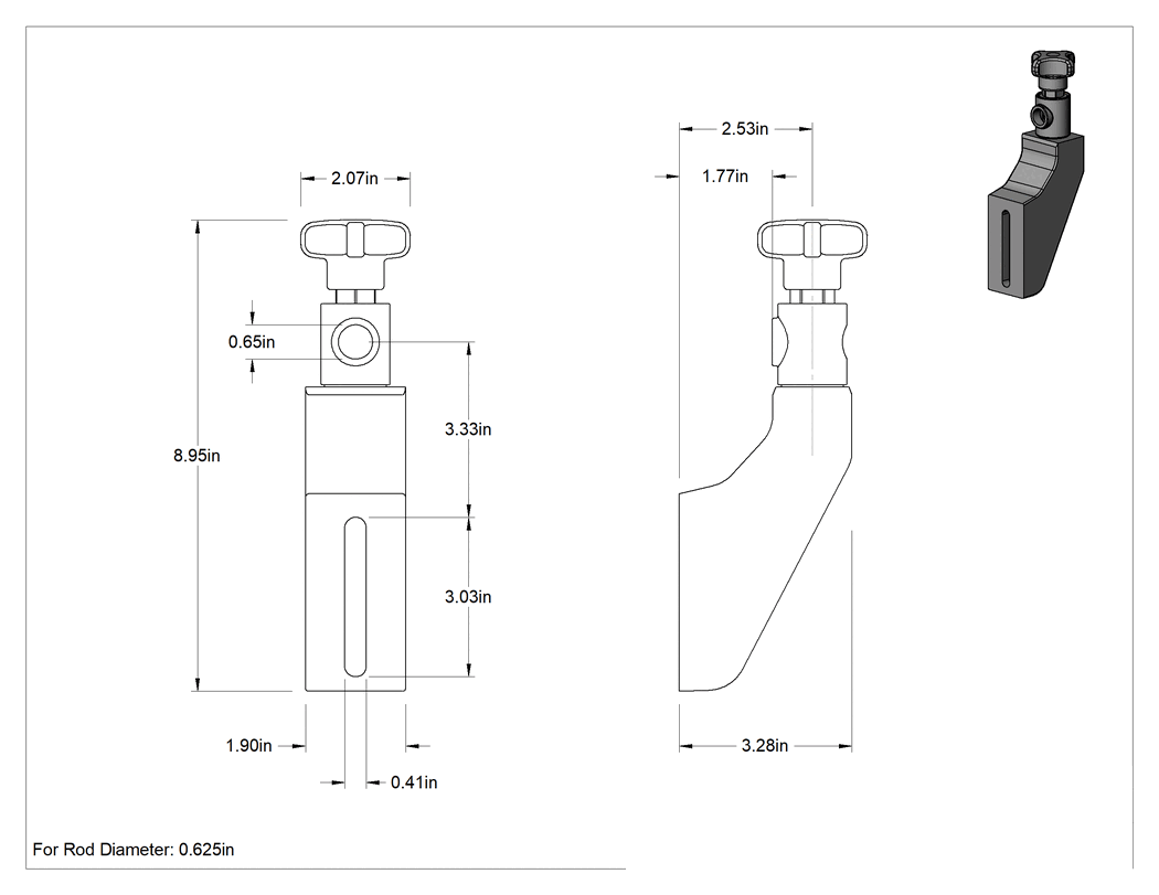 Teknik Çizim - Konveyörler için Montaj Çubuğu Braketi, Döner Başlıklı, 5/8" Çaplı Yatay Çubuk için Plastik, 3.280" Genişlik