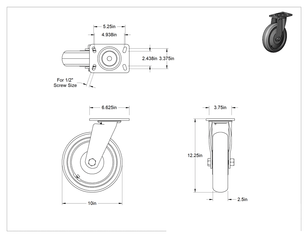 Teknik Çizim - 6-5/8" x 4-3/4" Plakalı Kolay Dönen Tekerlek, Yüksek Kapasiteli, 10 inç Çapında Kırmızı Poliüretan Tekerlekli Döner