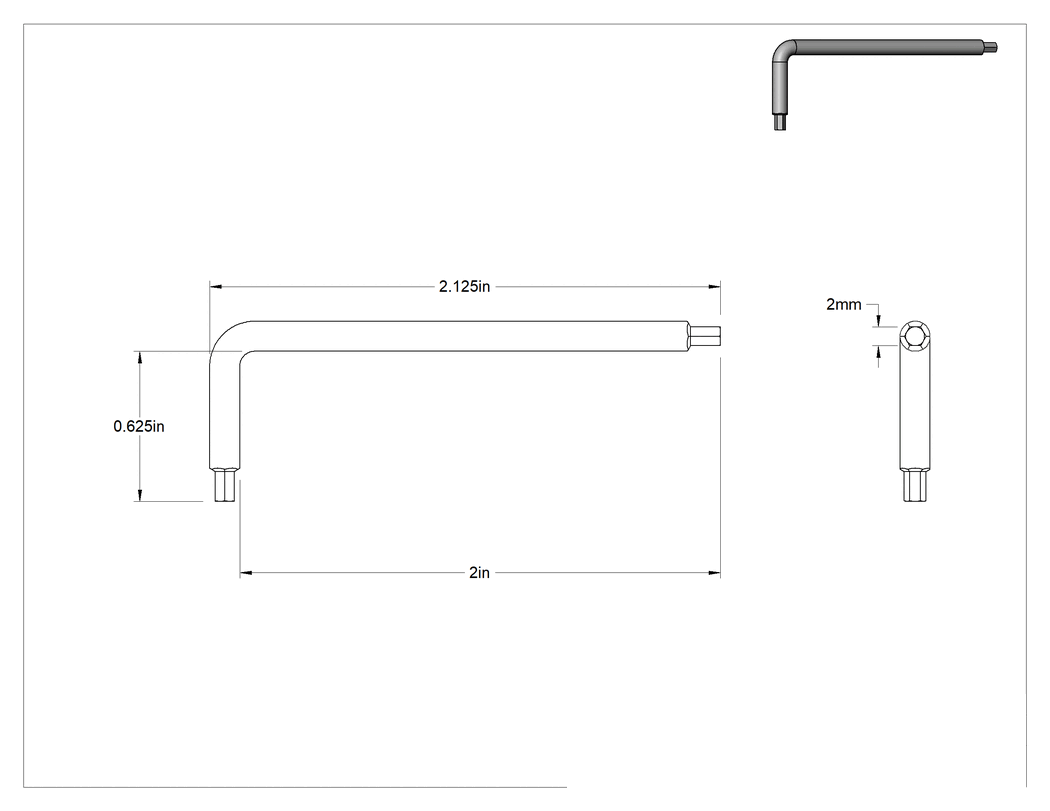 Teknik Çizim - Paslanmaz Çelik Altıgen L Anahtarı, 2 mm Tahrik Boyutu, 2-1/8" Toplam Uzunluk