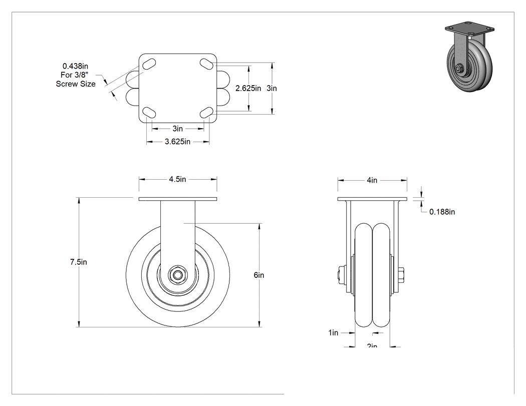 Teknik Çizim - Kingston Tekerlek, Yüksek Kapasiteli, 4-1/2" x 4" Plaka, Mavi Poliüretan Tekerlek
