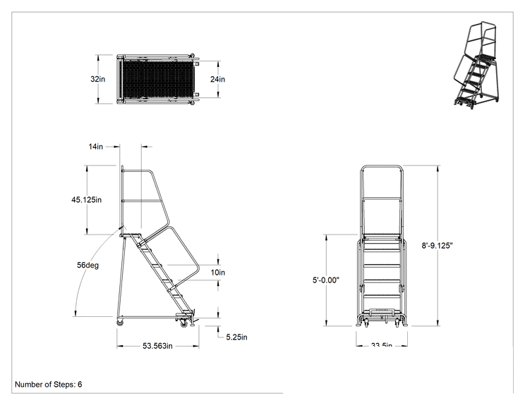 Teknik Çizim - Montajlanmamış Tırtıklı Platformlu Tekerlekli Merdiven, 6 basamaklı, 5' Yükseklik x 14" Derinlik Platform, 8'9" Toplam Yükseklik