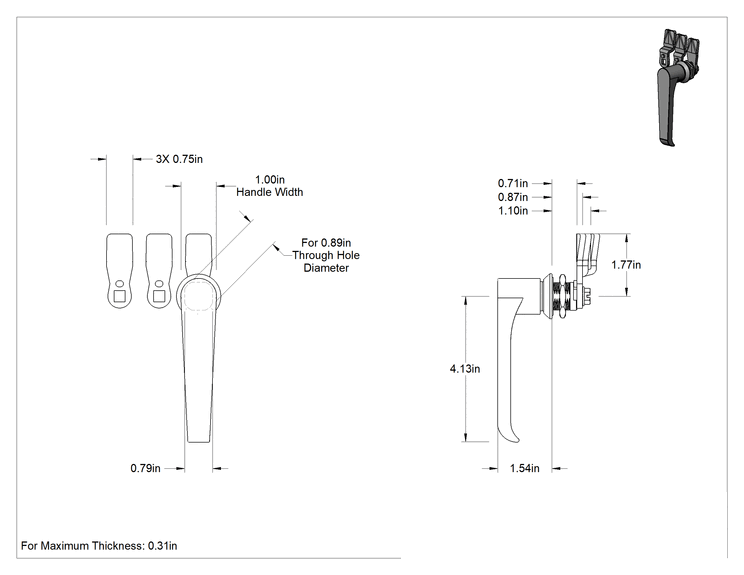 Teknik Çizim - Yıkanabilir Kam Mandalı, L-Saplı, Krom Kaplı Çinko, 5/16" maksimum kalınlık için