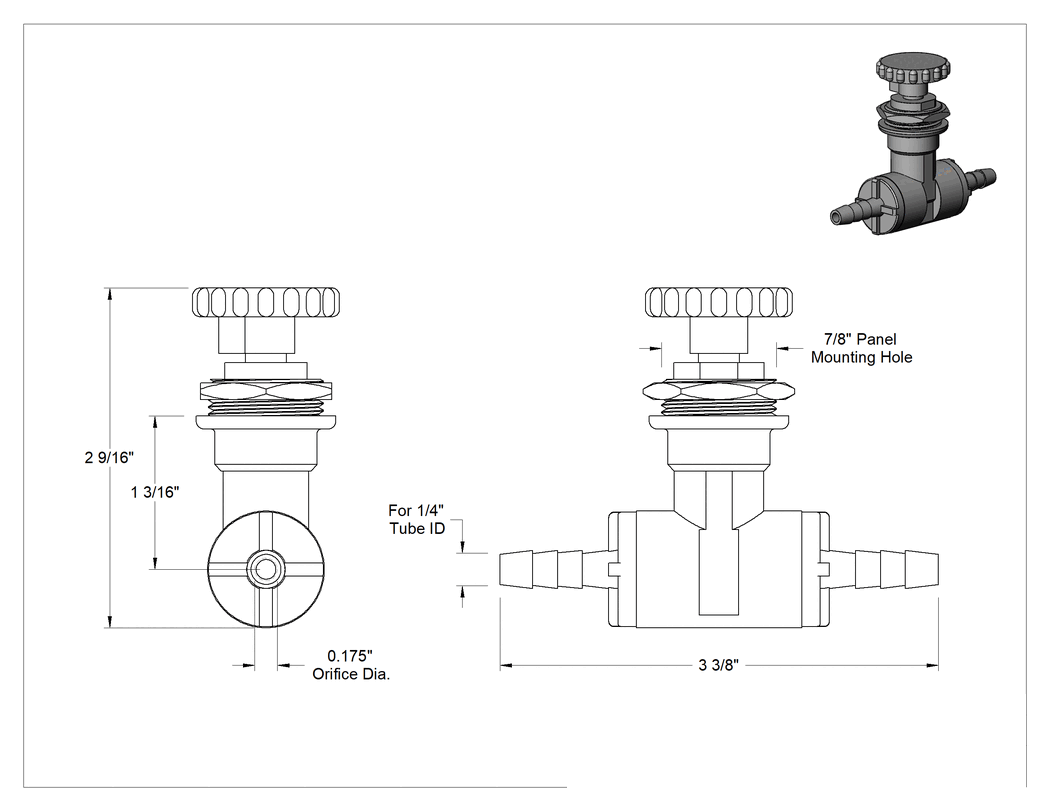 Teknik Çizim - Hassas Akış Ayar Valfi, 1/4" Boru İç Çapı için Tırnaklı Bağlantı Elemanlı, Koyu Gri PVC
