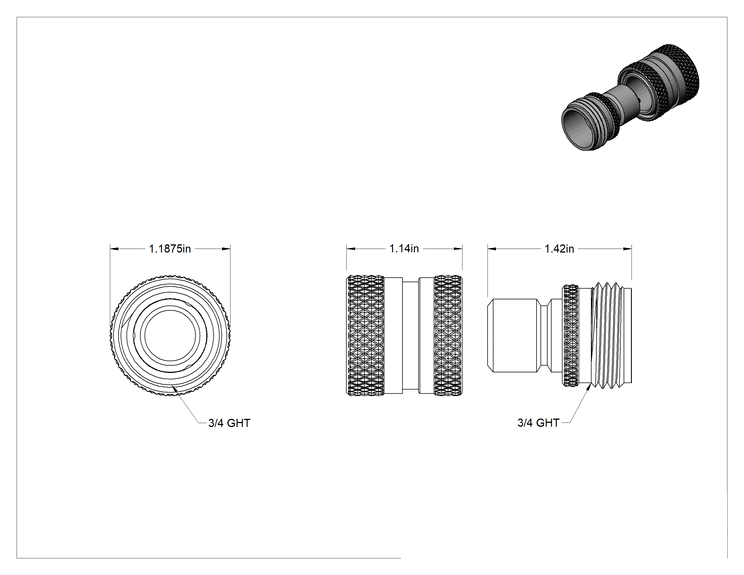 Teknik Çizim - Hızlı Ayırma Bahçe Hortumu Bağlantı Parçası, Pirinç Erkek Uç ve Priz Seti, Açık Akış Soketi, 3/4 GHT