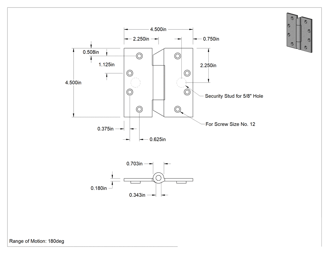 Teknik Çizim - Kurcalamaya Dayanıklı Gömme Montaj Şablonu Menteşesi, Yataklı, Giriş Kapısı için, Düşük Karbonlu Çelik, 4.5 inç x 2.25 inç Kapı Kanadı