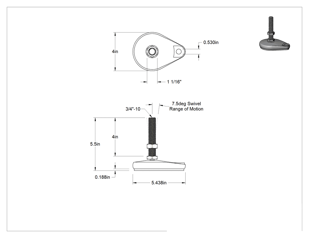 Teknik Çizim - Cam Dolgulu Naylon Sabit Dönen Seviyeleme Montaj Parçası, Yastıklı ve 4" Uzun 3/4"-10 Çinko Kaplı Saplama, 1 Ofset Delik