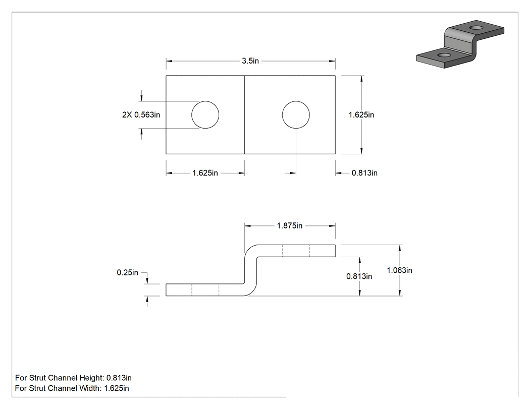 Teknik Çizim - Strut Kanalı Braketi, Z Şekli, 13/16" kanal yüksekliği için, 304 Paslanmaz Çelik