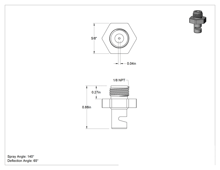 Teknik Çizim - PFA Plastik Düz Püskürtme Nozulu, Ekstra Geniş Saptırmalı, 1/8 NPT Erkek, 0.1 gpm 20 PSI'da