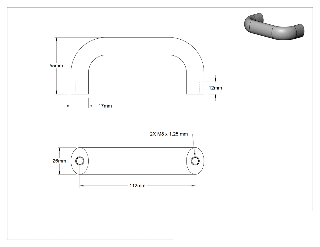 Teknik Çizim - Oval Çekme Kolu, Dişli Delik, Eloksallı Alüminyum, 112 mm Merkezden Merkeze Genişlik