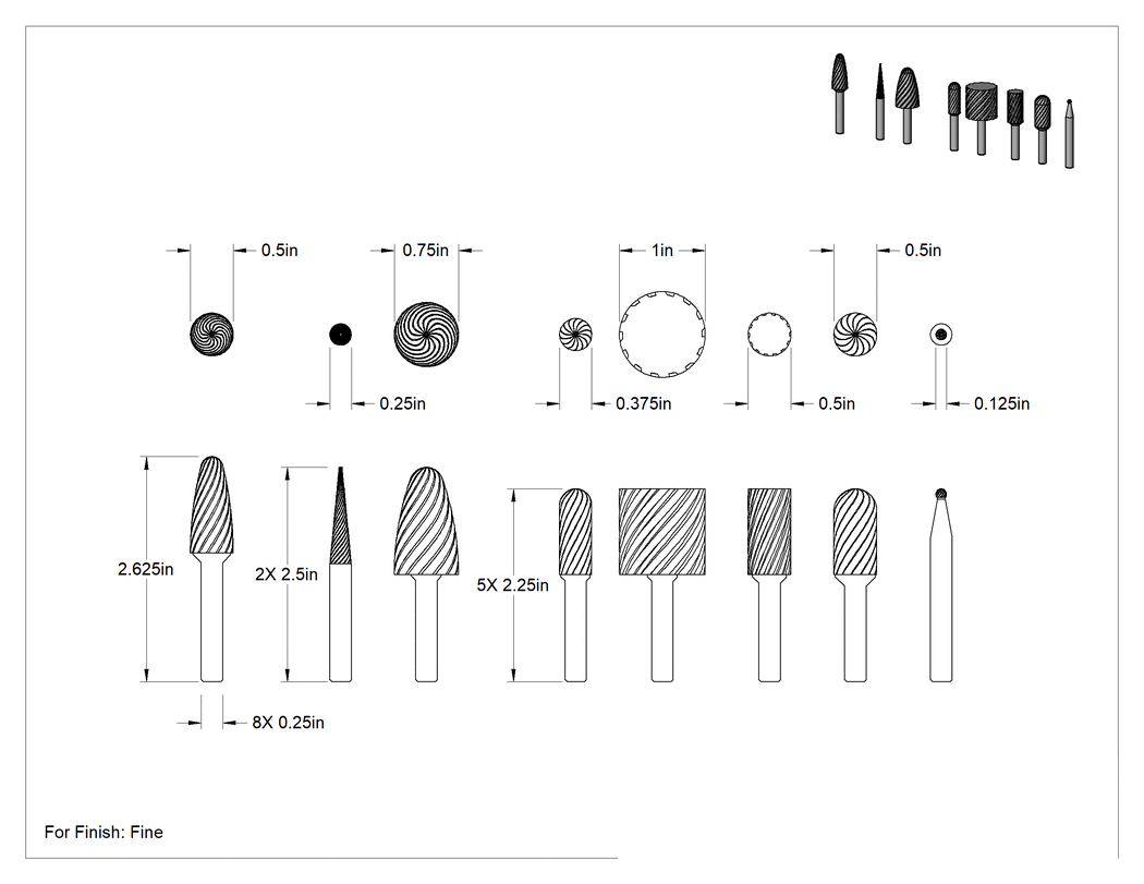 Teknik Çizim - Yüksek Hızlı Çelik Bur Seti, 1/4" Şaft Çapılı, 8 Parça, Tek Kesimli Diş