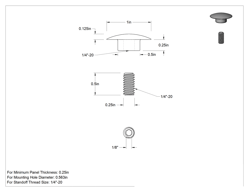 Teknik Çizim - Düşük Profilli Tam Dişli Ayırıcı Kapak, 1/4"-20 x 1/2" Uzunluğunda Setskur, 1" Dış Çaplı Standoff için