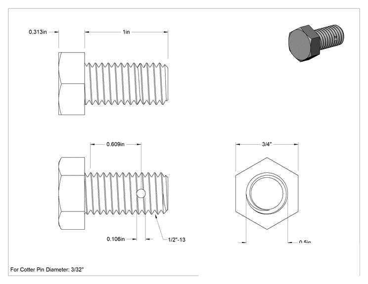 Teknik Çizim - Çinko Kaplı Sınıf 5 Çelik Altıköşe Başlı Vida, Kopilyalı Kilitlenebilir, 1/2"-13 Diş Boyutu, 1" Uzunluk