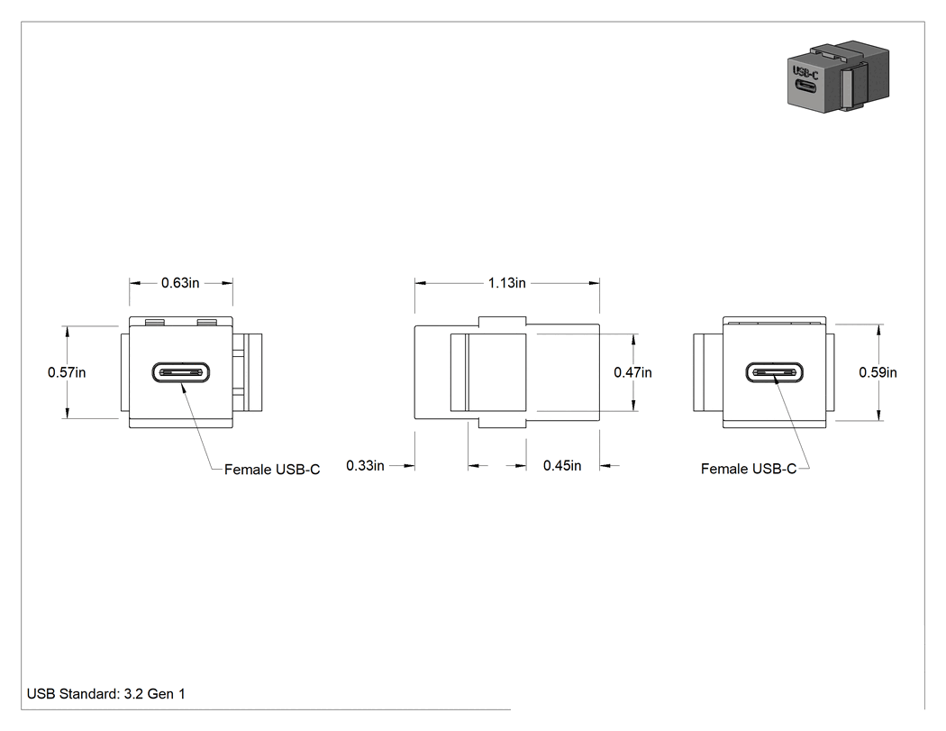 Teknik Çizim - Keystone Duvar Plakaları için USB Adaptörü, USB C Dişi x USB C Dişi, Standart 3.2 Gen 1, Siyah