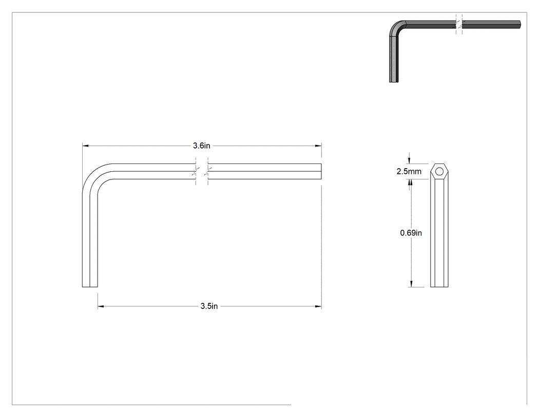 Teknik Çizim - Alaşımlı Çelik Kurcalamaya Dayanıklı Altıgen L Anahtarı, Siyah Fosfat Kaplamalı, 2.5 mm Tahrik, 3-9/16" Toplam Uzunluk