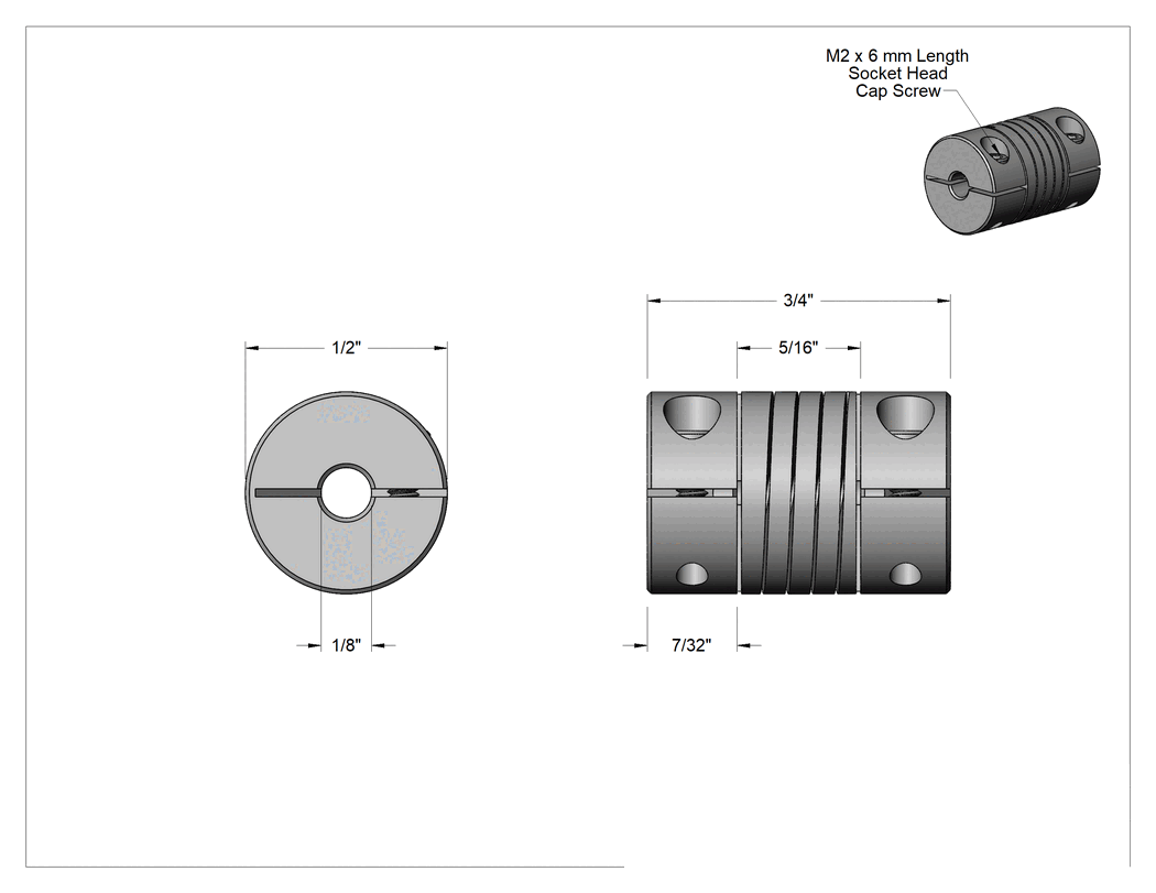 Teknik Çizim - Kelepçeli Hassas Esnek Mil Kaplini, Spiral, Asetal Plastik, 1/8" x 1/8" Çap için, 3/4" Uzunluk