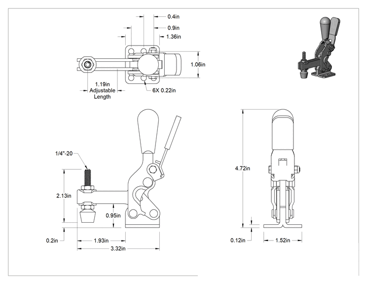 Teknik Çizim - Sabitleme Mandal Kelepçesi, Saplı ve Açık Kollu, 600 lb. Kapasite, 3/16" Boşluk, Çelik