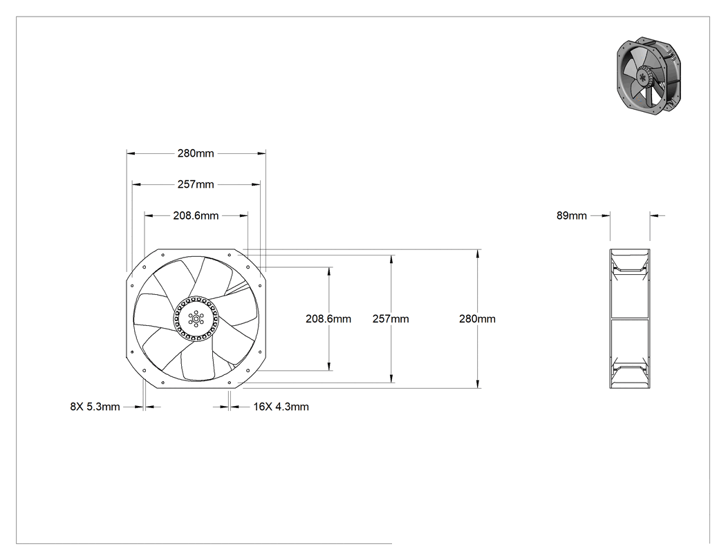 Teknik Çizim - Dalgıç Ekipman Soğutma Fanı, Dikdörtgen, 120V AC, 280 mm Yükseklik x 280 mm Genişlik