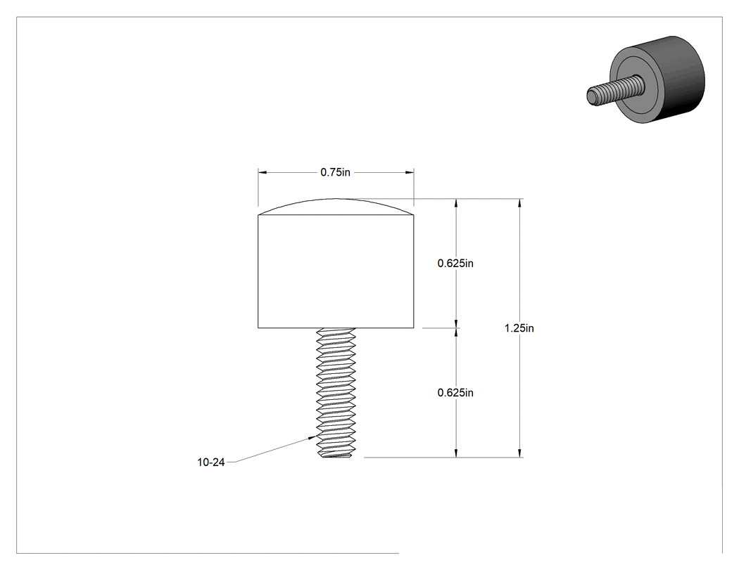Teknik Çizim - Güçlendirilmiş Dişli Tampon, Çelik Çekirdekli, Poliüretan, 5/8" Uzunlukta 10-24 Saplama, Durometre 80A