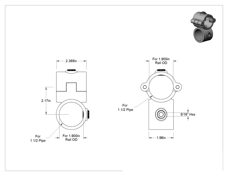 Teknik Çizim - Galvanizli Demir Kayar Ray Bağlantı Parçası, 1-7/8" Ray Dış Çapı için Menteşeli Geçiş Parçası