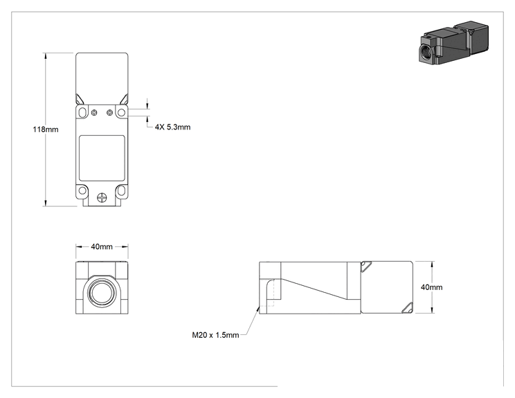 Teknik Çizim - Dönebilen DC Metal Nesne Yakınlık Anahtarı, IP68 ve IP69, M20 Terminalli Flush, 1 Kapalı ve 1 Açık, NPN