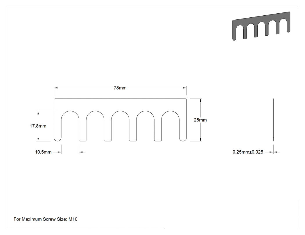 Teknik Çizim - Çok Yuvalı Şim, Beş Yuvalı, 0.25 mm Kalınlık, 25 mm Uzunluk